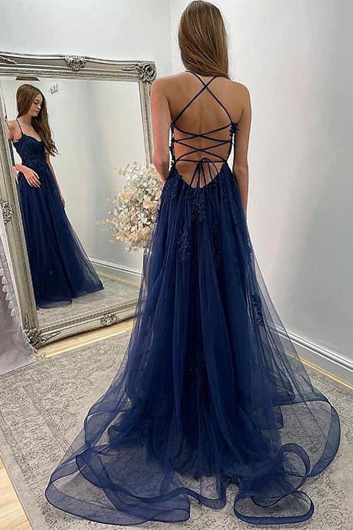 Unthony - A Line Backless Navy Blue Lace Long Prom Dress with High Slit