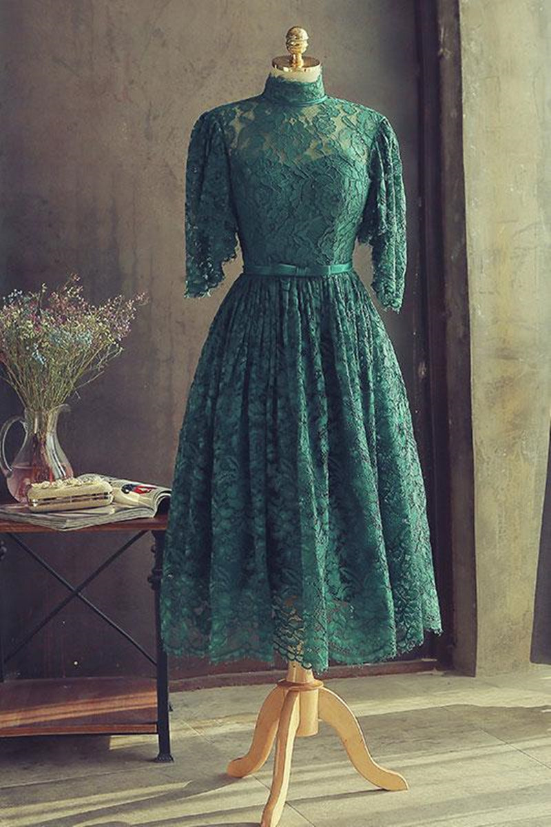 Unthony - High Neck Half Sleeves Green Lace Prom Dress