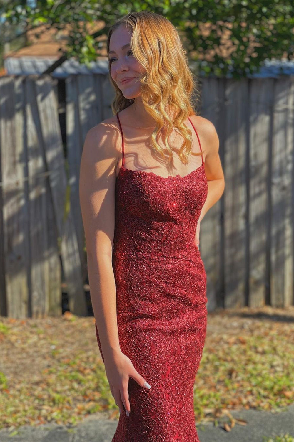 Unthony - Mermaid Backless Burgundy Lace Long Prom Dress