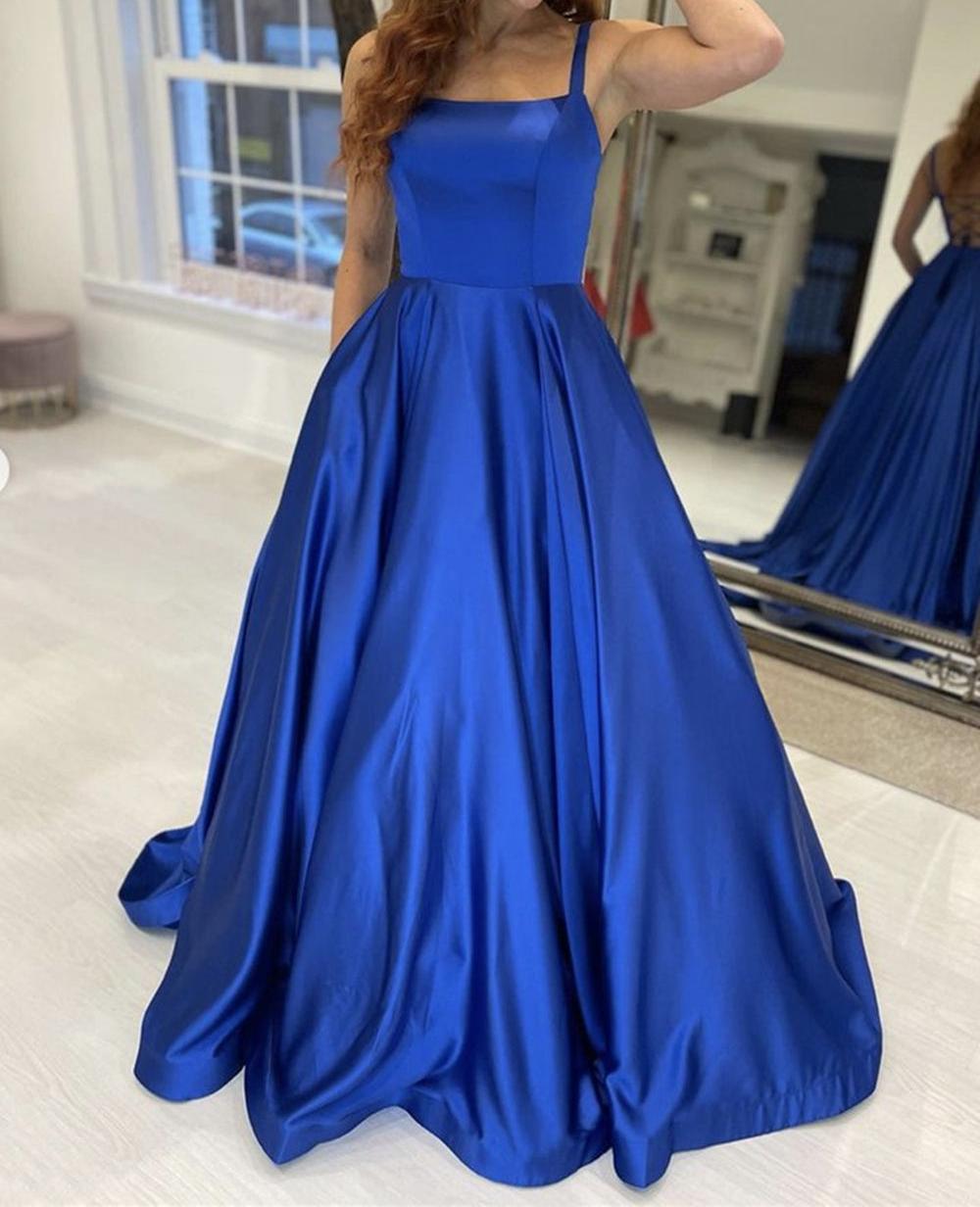 Unthony - Simple A Line Royal Blue Satin Long Prom Dress