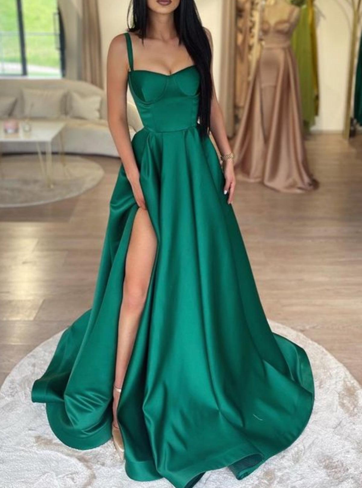 Unthony - Simple A Line Green Satin Long Prom Dress with High Slit