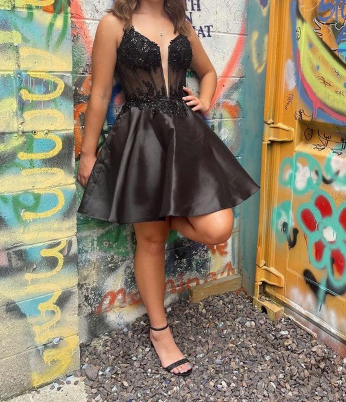 Unthony - V Neck Beaded Black Lace Prom Dress