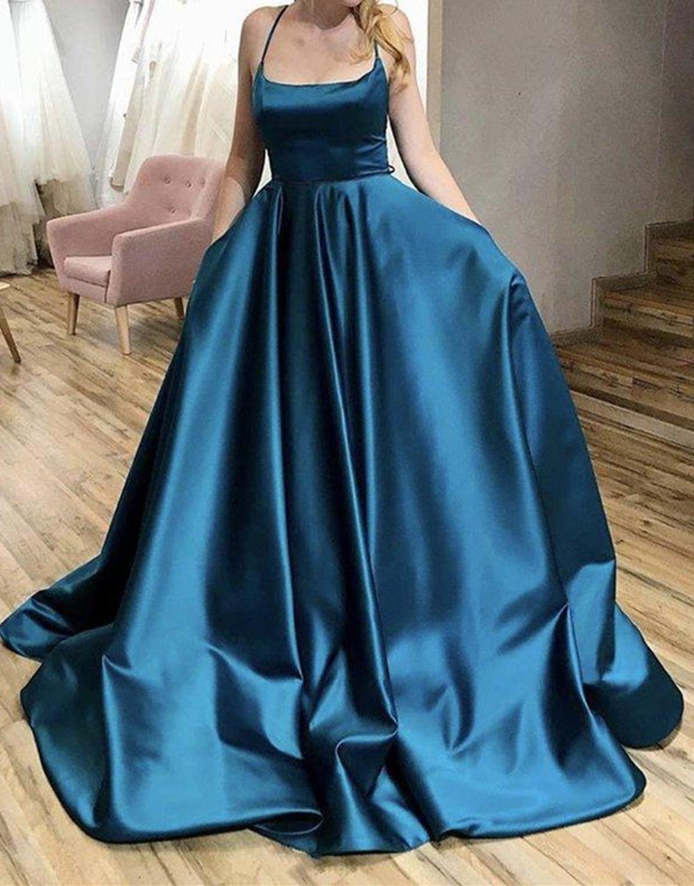 Unthony - A Line Thin Straps Open Back Blue Long Prom Dress
