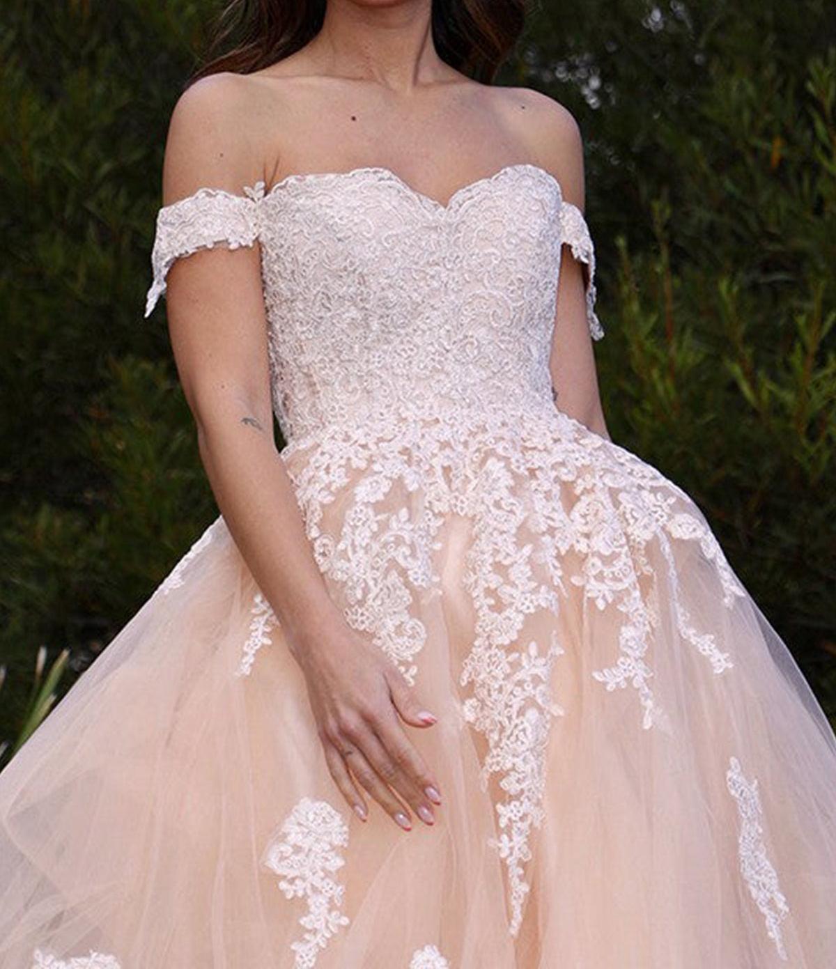Unthony - Off Shoulder Pink Tulle Lace Long Prom Dress