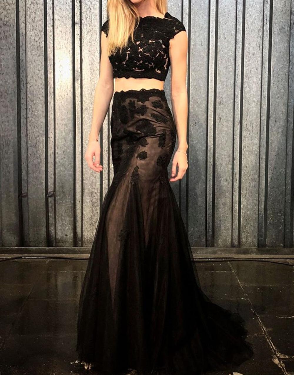Unthony - Mermaid 2 Pieces Black Lace Long Prom Dress
