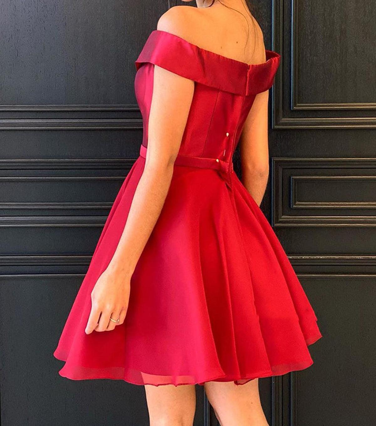 Unthony - Off Shoulder V Neck Red Short Prom Dress