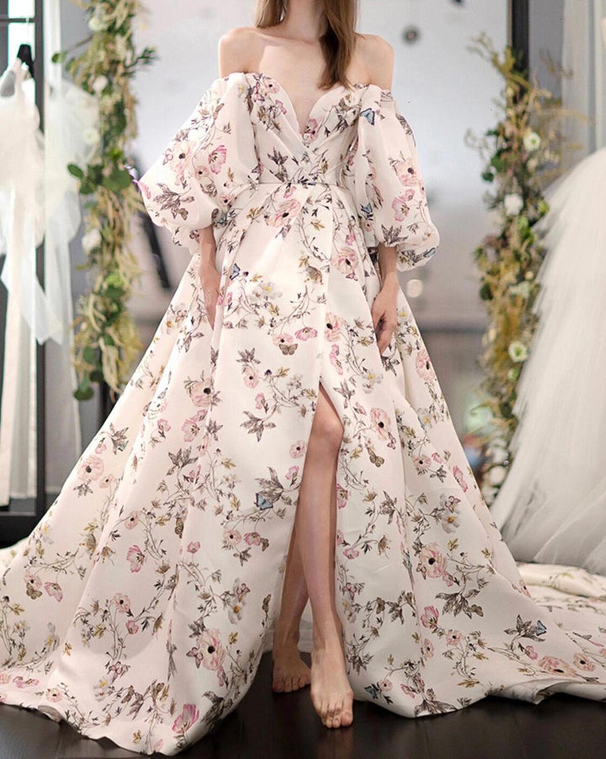 Unthony - Stylish Long Sleeves Printed Pattern Long Prom Dress with High Slit