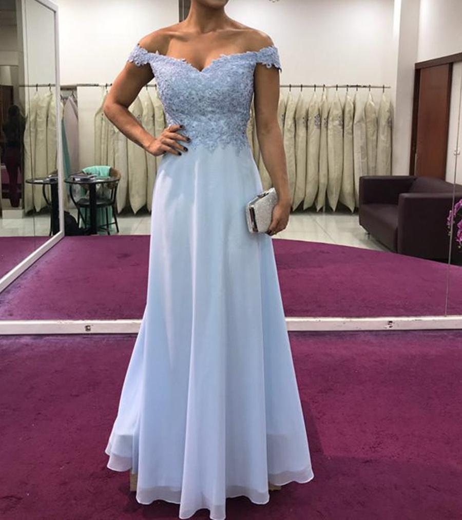 Unthony - A Line Off Shoulder Lace Light Blue Prom Dresses