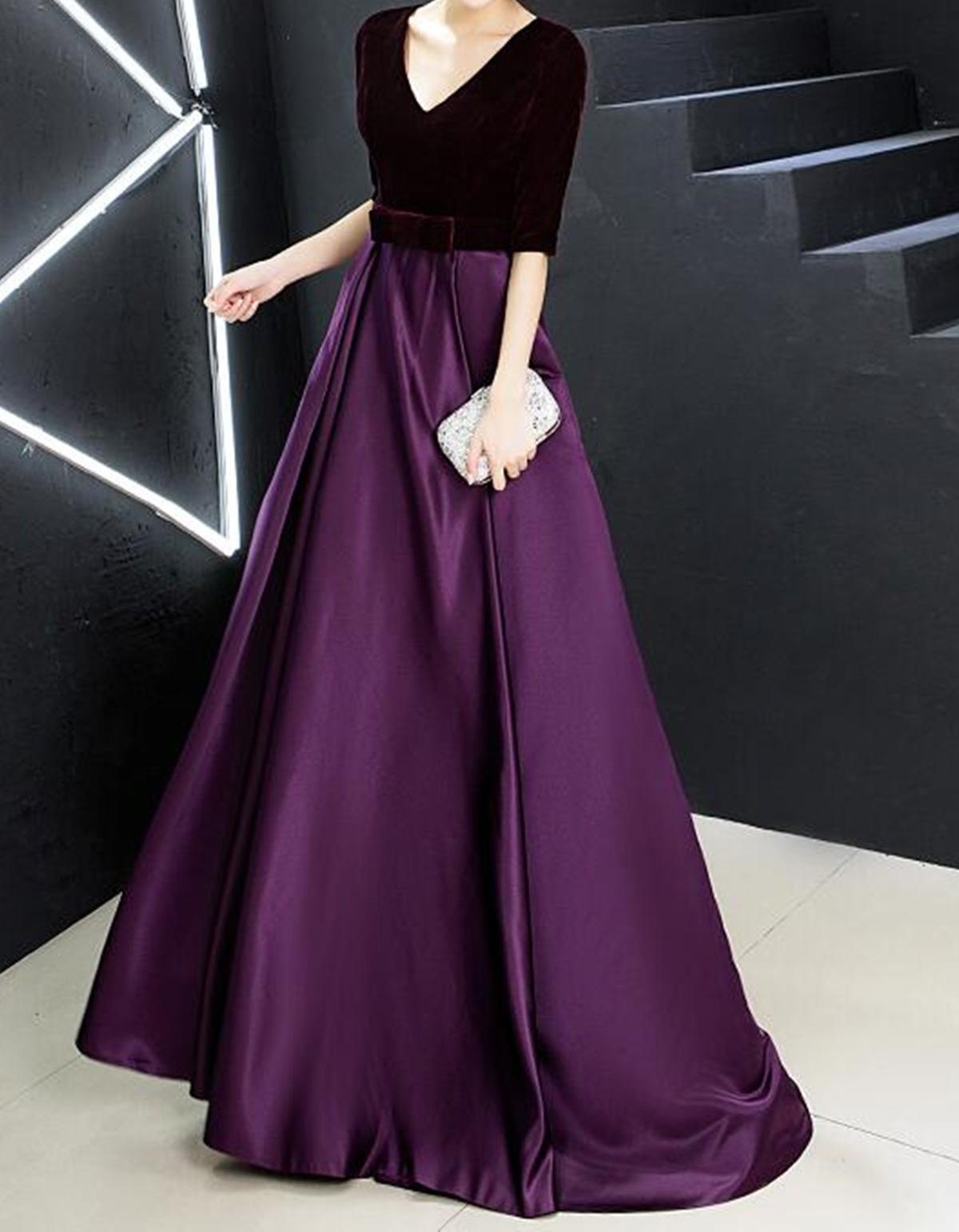 Unthony - Half Sleeve V Neck Purple Velvet Long Prom Dress