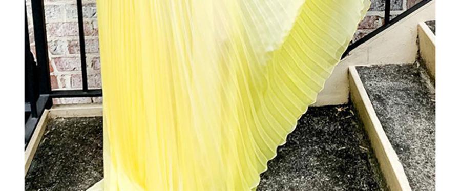 Unthony - Yellow A Line V Neck and V Back Ruched Long Prom Dresses