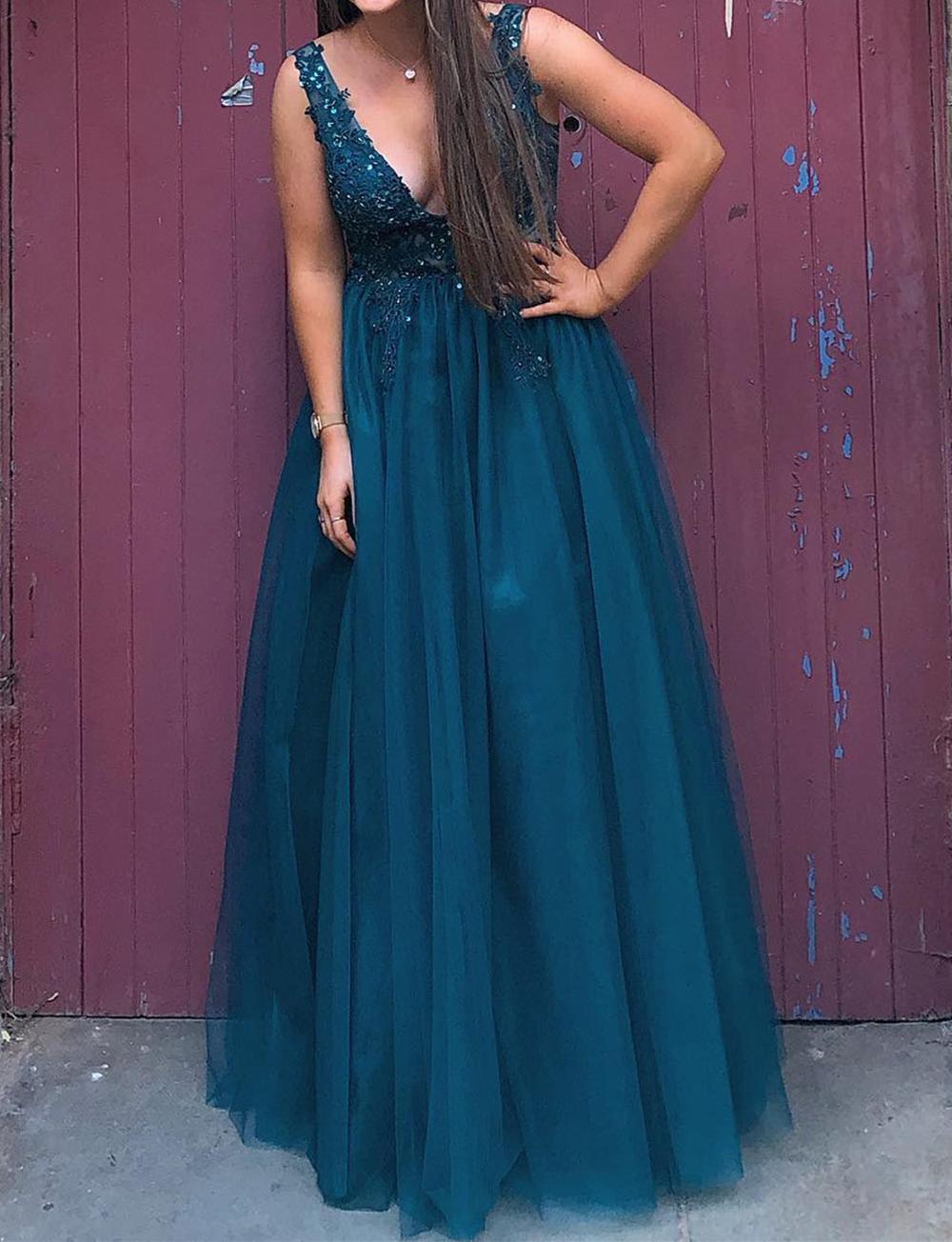 Unthony - A Line V Neck Blue Lace Long Prom Dress