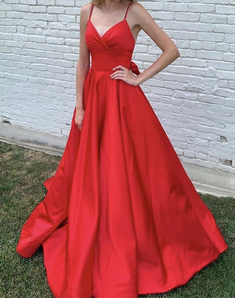 Unthony - Simple V Neck Long Backless Red Prom Dress