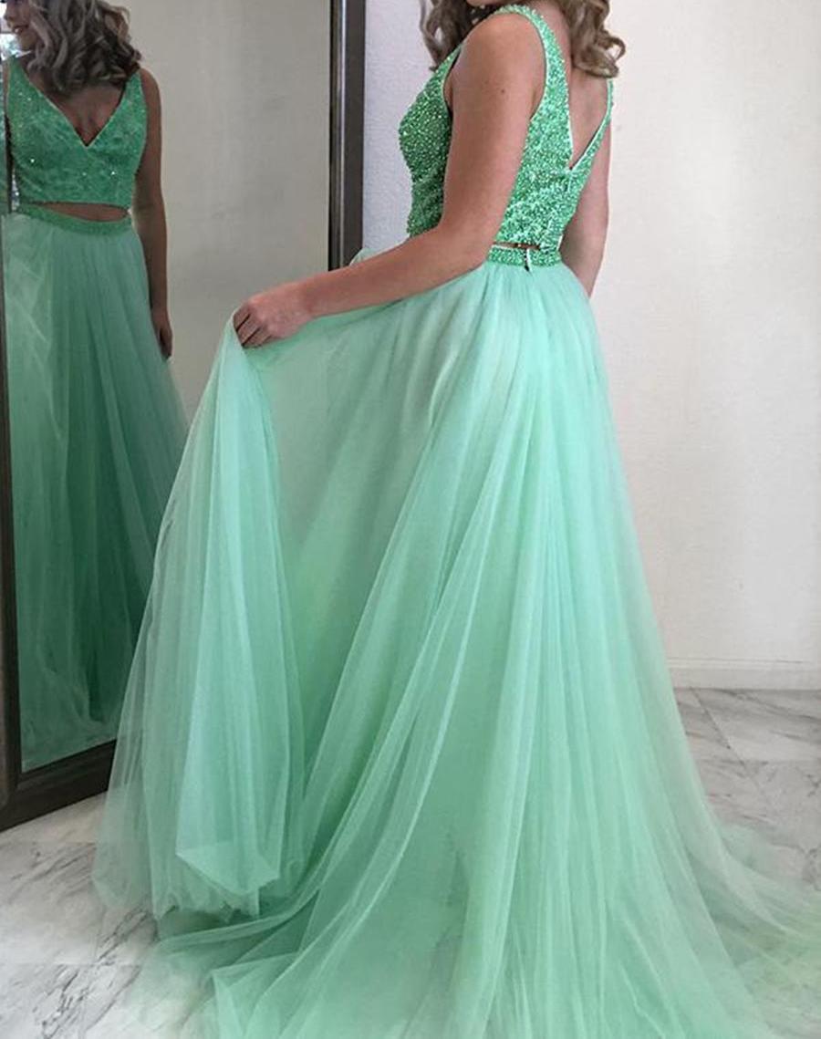 Unthony - Mint Green A Line V Neck Two Piecee Beading Tulle Long Prom Dresses