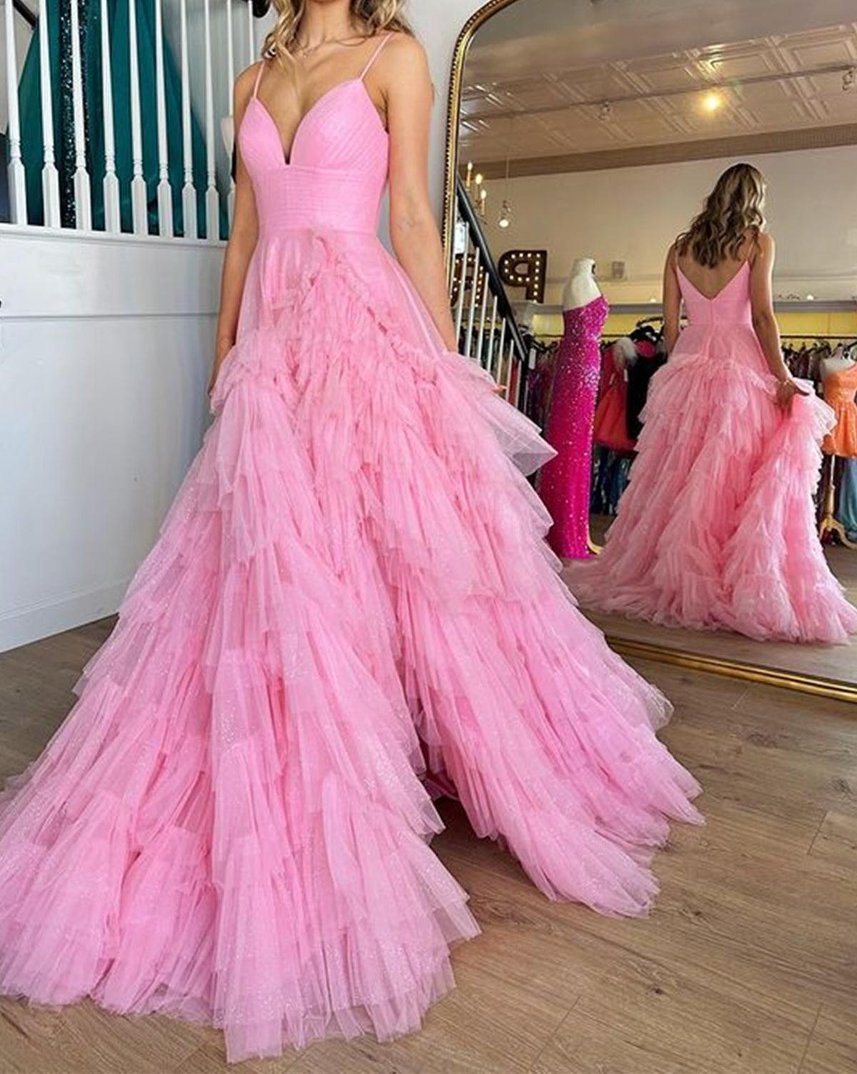 Unthony - V Neck Open Back Pink Tulle Long Prom Dress