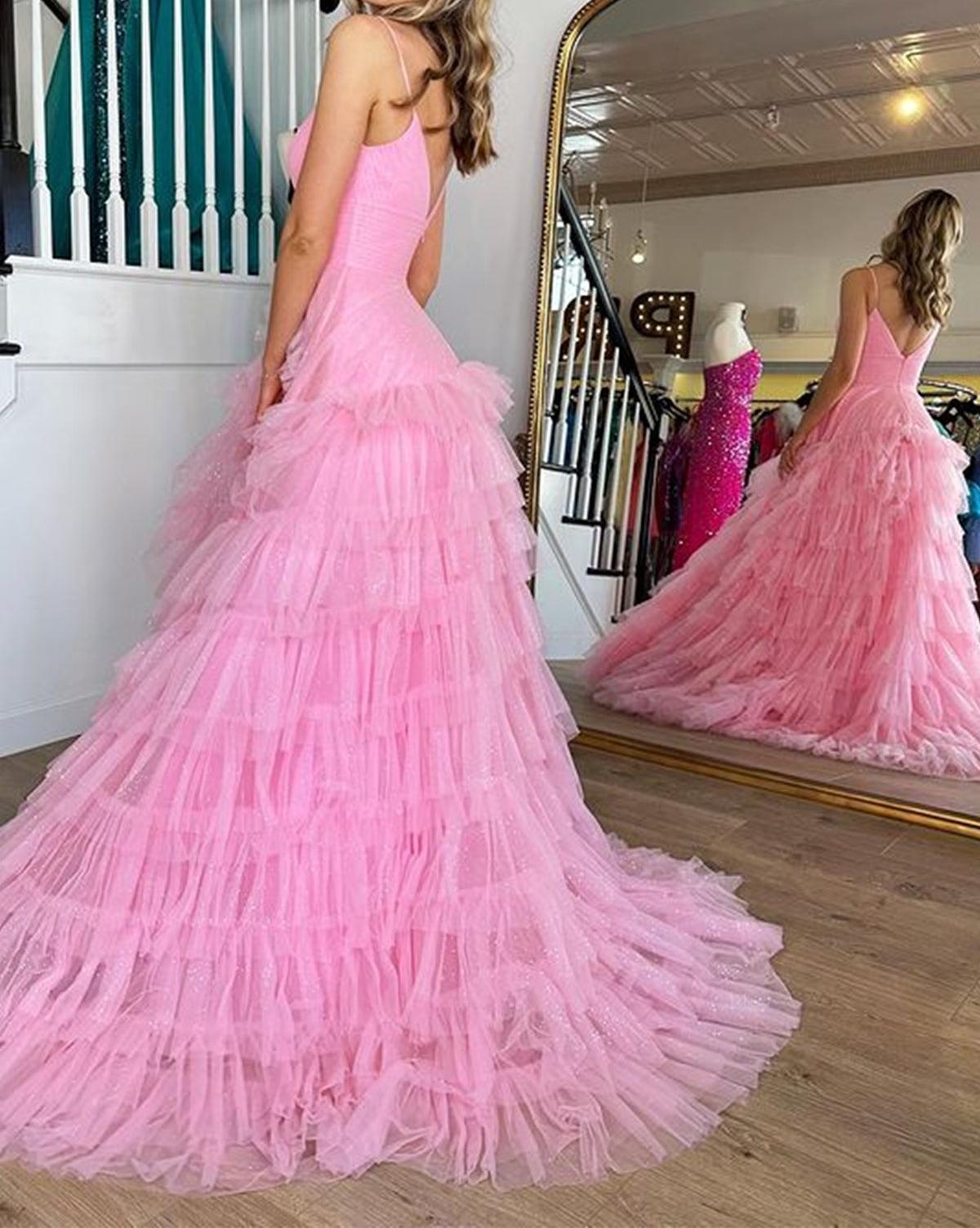 Unthony - V Neck Open Back Pink Tulle Long Prom Dress