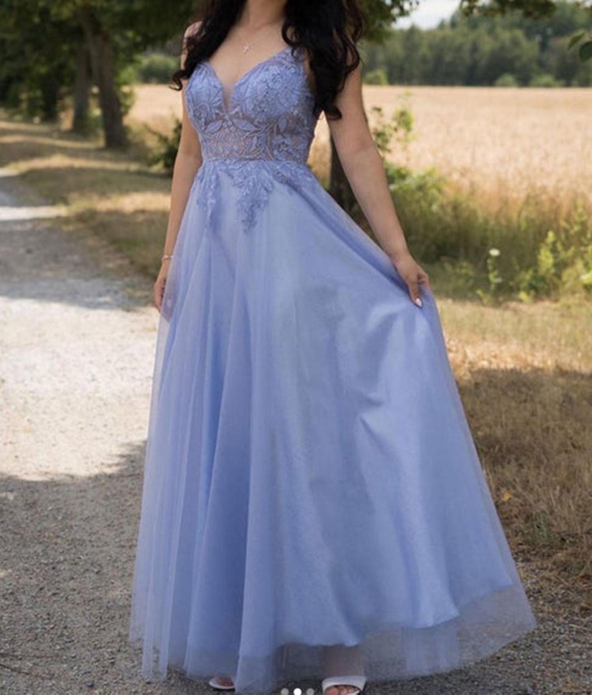 Unthony - A Line V Neck Backless Blue Lace Long Prom Dress