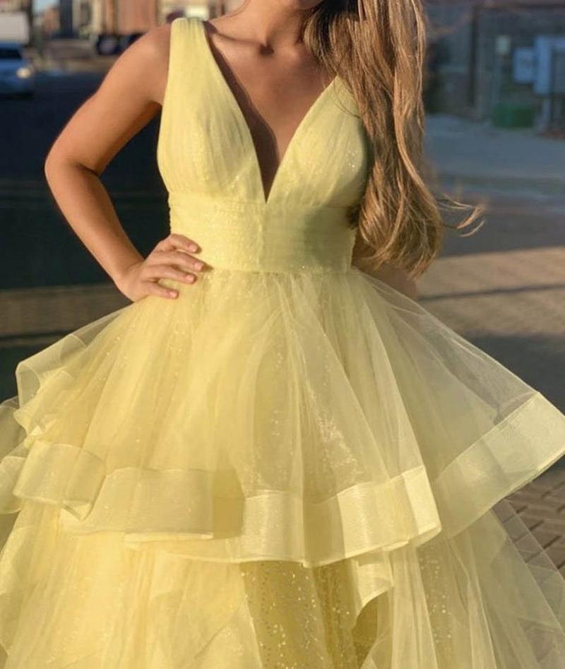 Unthony - Gorgeous V Neck Sequins Yellow Long Prom Dress