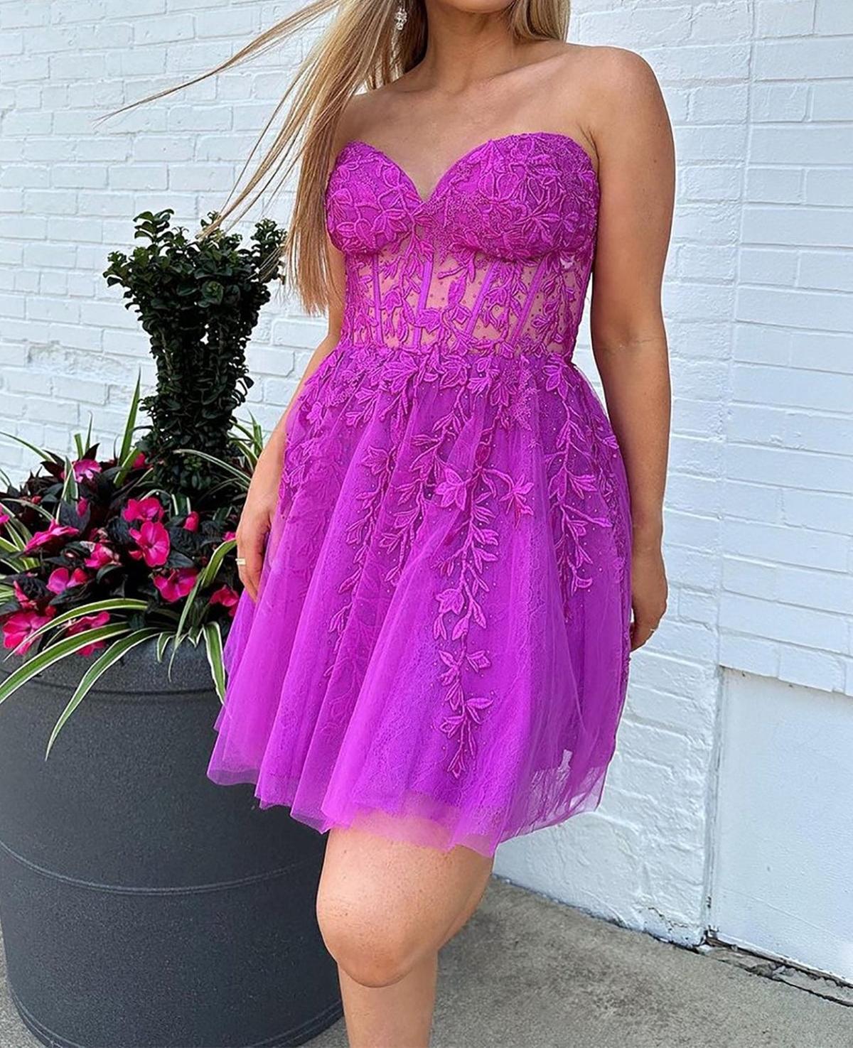 Unthony - Strapless Fuchsia Lace Prom Dress