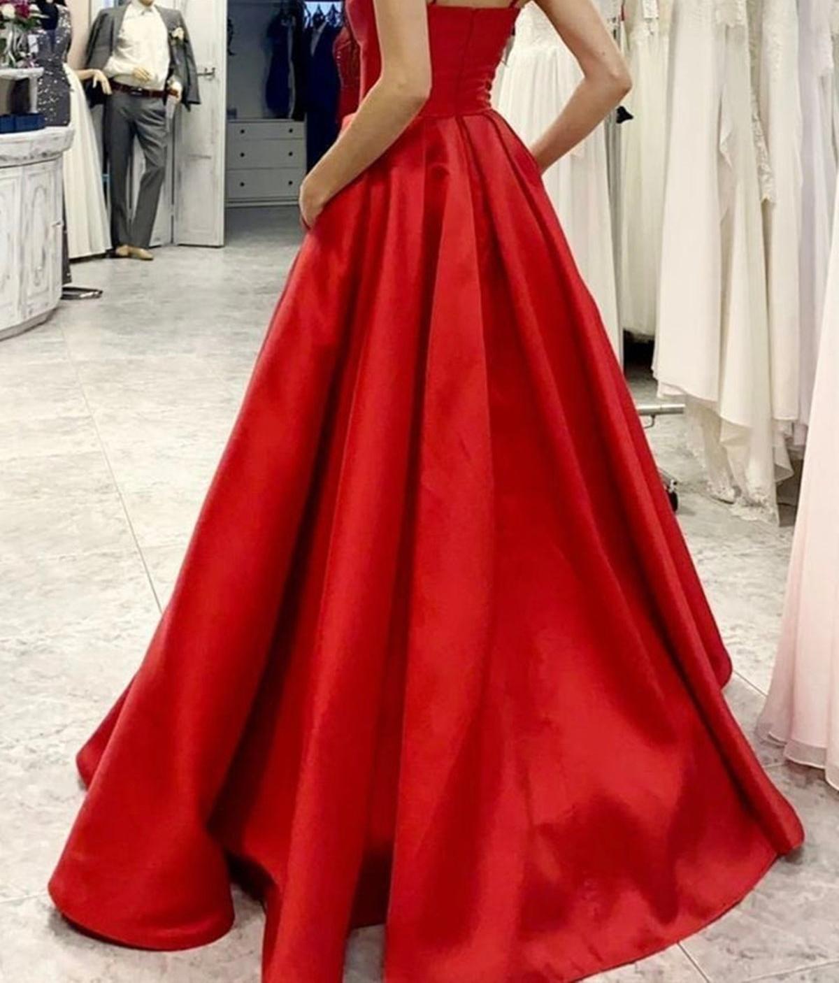 Unthony - V Neck Open Back Red Satin Long Prom Dress