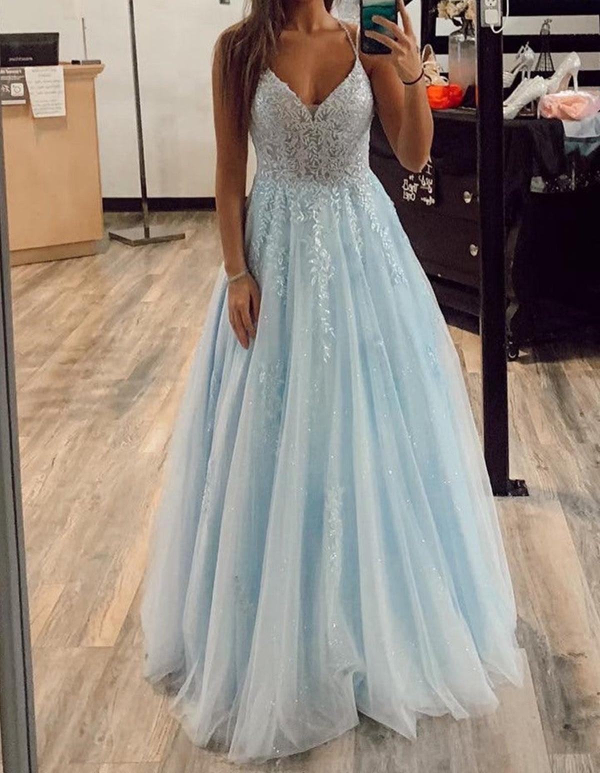 Unthony - A Line V Neck Backless Baby Blue Lace Long Prom Dress