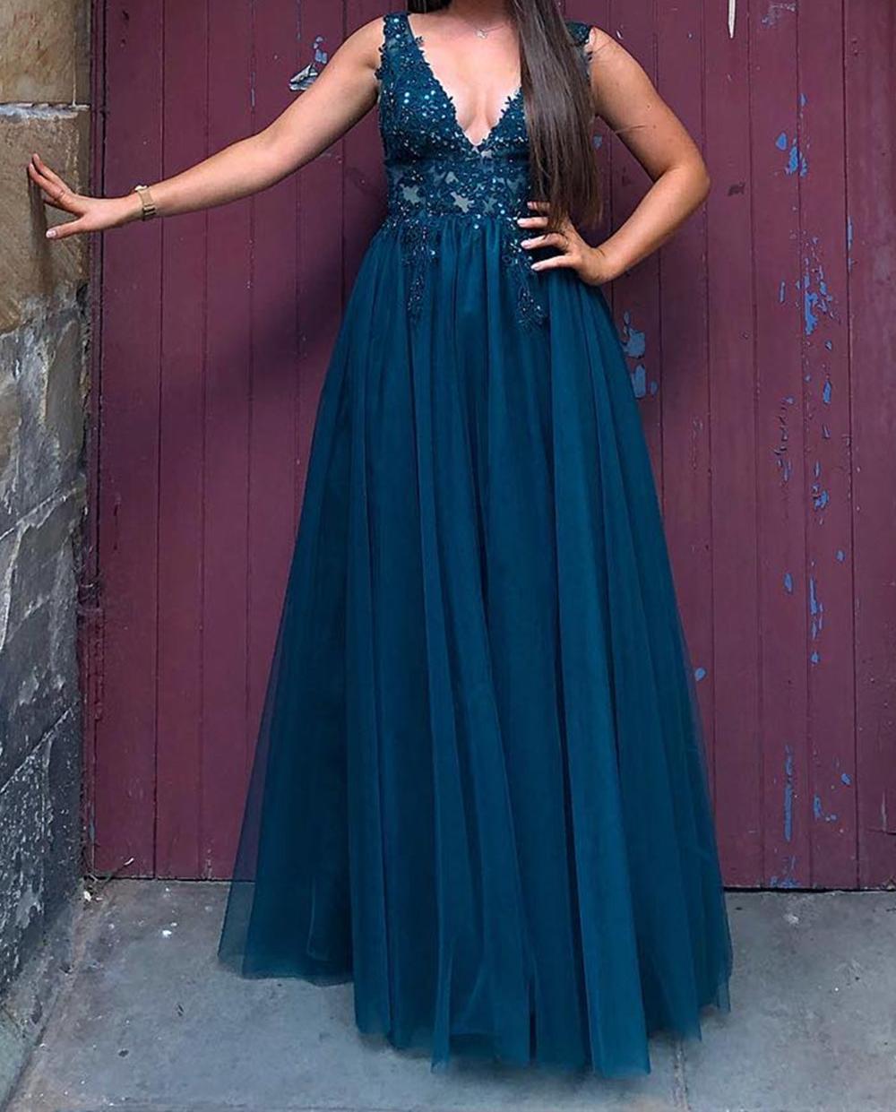 Unthony - A Line V Neck Blue Lace Long Prom Dress
