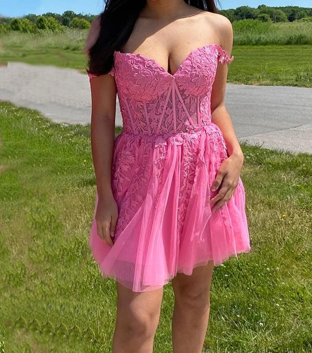 Unthony - Off Shoulder Beaded Hot Pink Lace Prom Dress