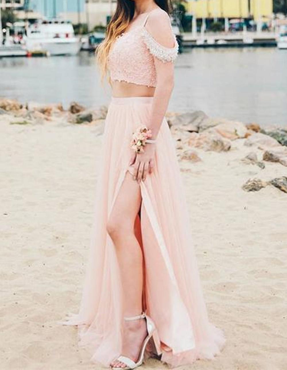 Unthony - Off Shoulder 2 Pieces Pink Lace Long Prom Dress