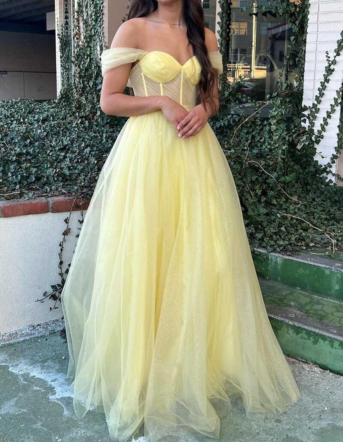Unthony - Off Shoulder Purple/Yellow Tulle Long Prom Dress