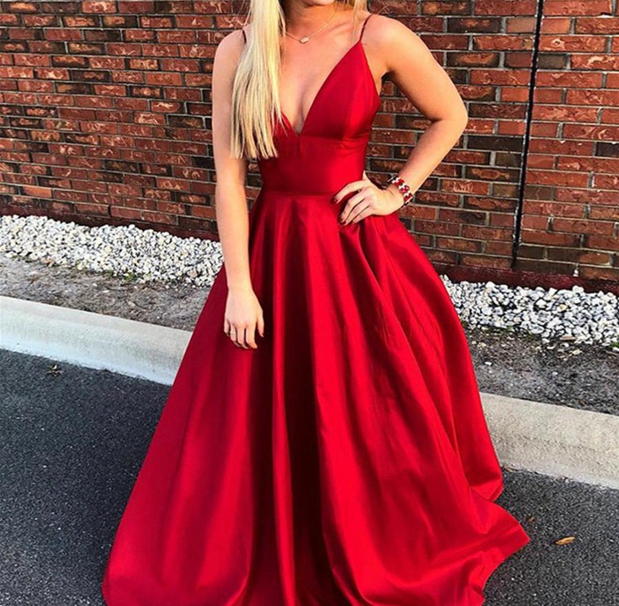 Unthony - A-Line V Neck Spaghetti Straps Backless Sweep Train Red Satin Long Prom Dress