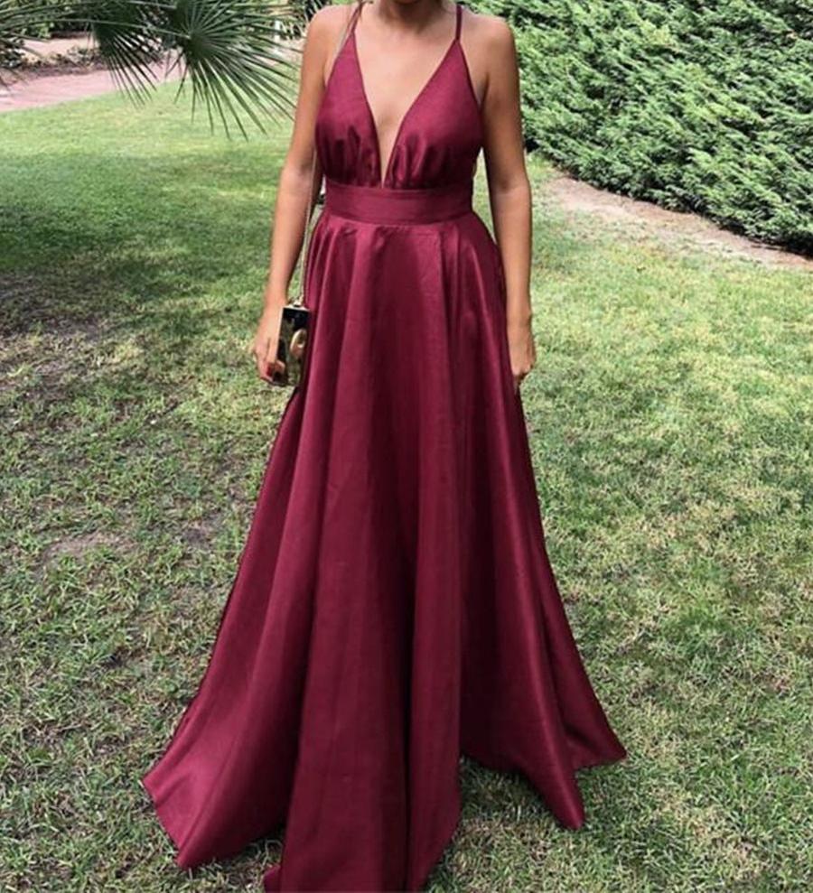 Unthony - Simple Burgundy V Neck Backless Satin Long Prom Dresses