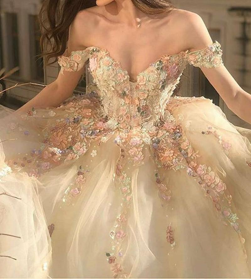 Unthony - Gorgeous Off Shoulder Champagne Lace Floral Prom Dress
