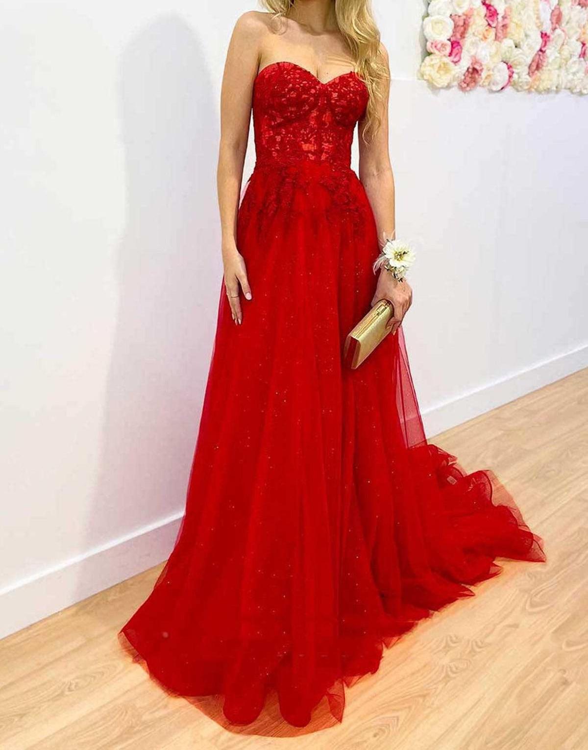 Unthony - Strapless Red Lace Long Prom Dress