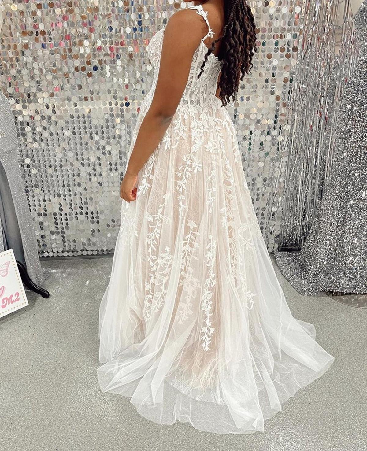 Unthony - A Line V Neck Champagne Lace Long Prom Dress