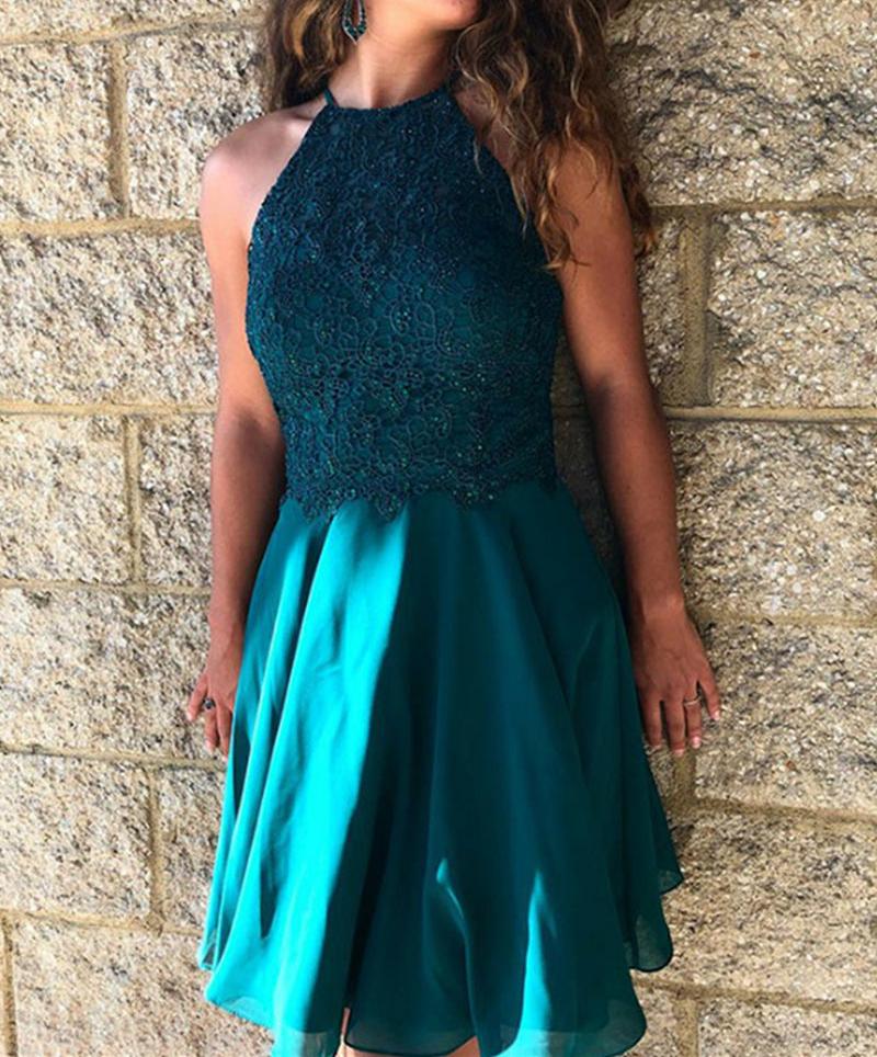 Unthony - A Line Lace Turquoise Chiffon Short Prom Dresses