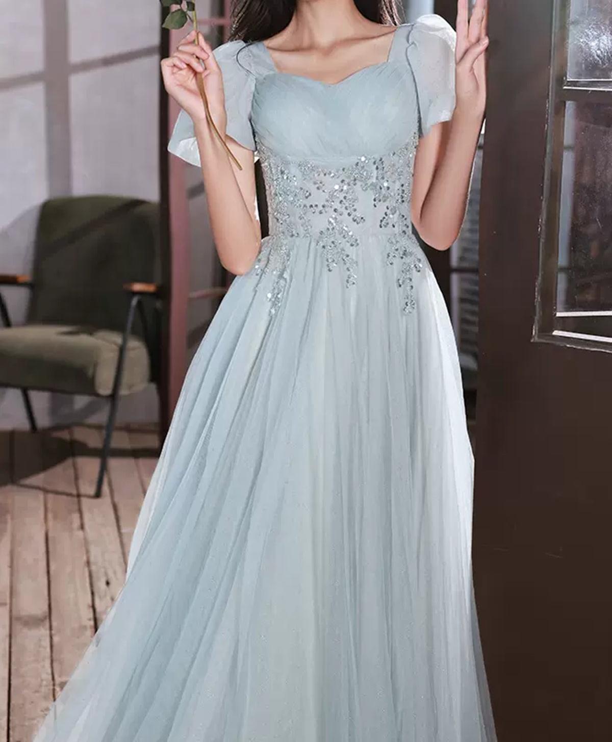 Unthony - Short Sleeves Beaded Blue Long Prom Dress