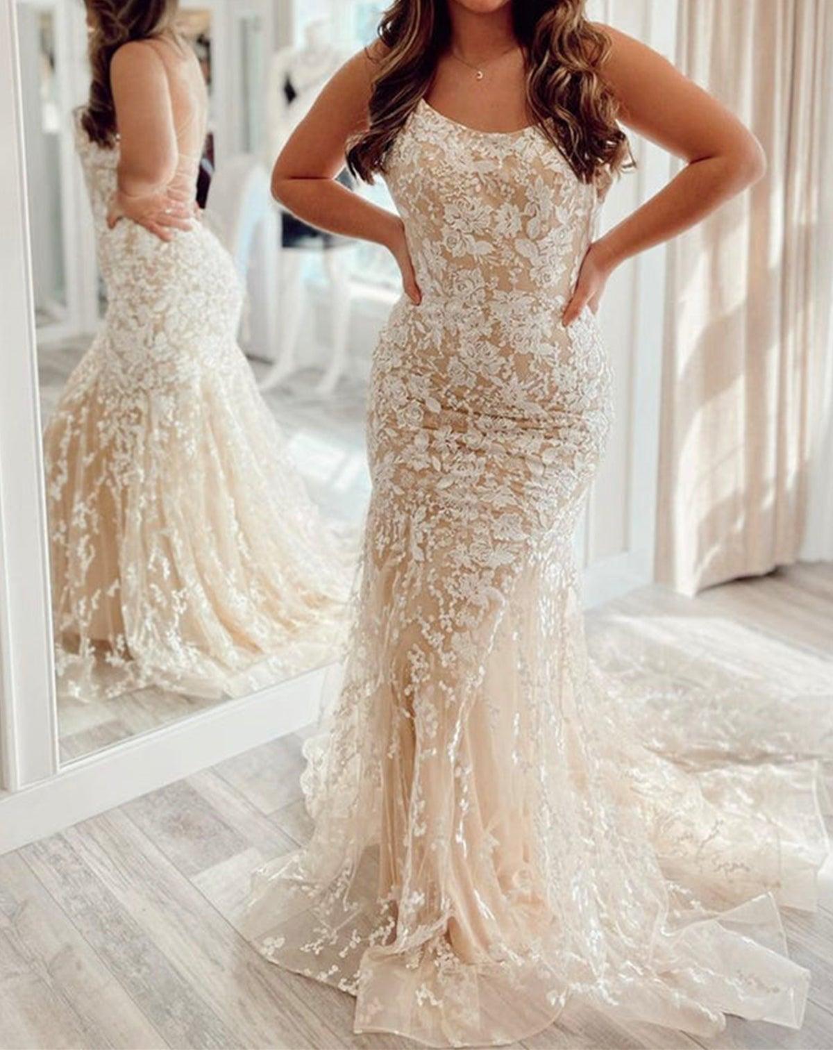 Unthony - Mermaid Backless Champagne Lace Long Prom Dress