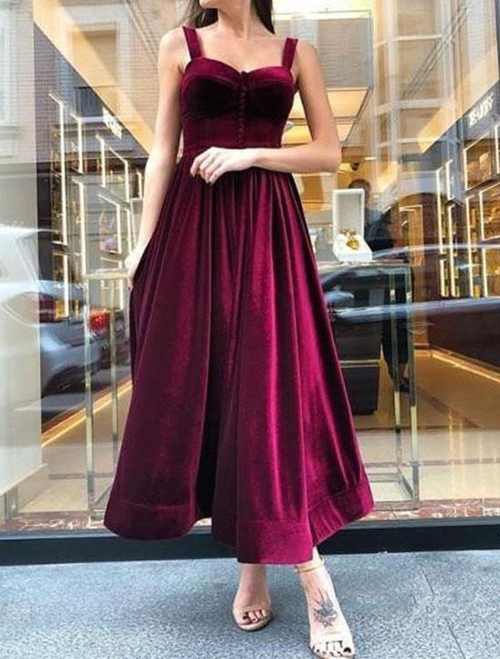 Unthony - Sweetheart Neck Maroon Velvet Ankle Length Prom Dress