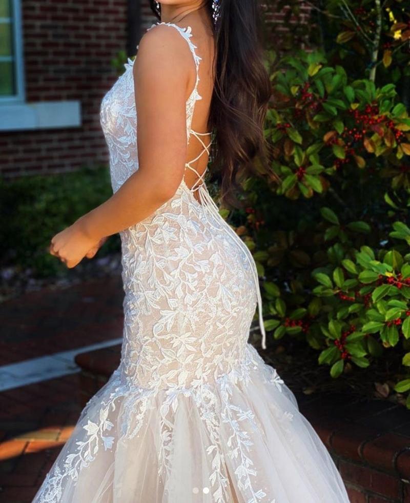 Unthony - Mermaid Open Back Champagne Lace Long Prom Dress