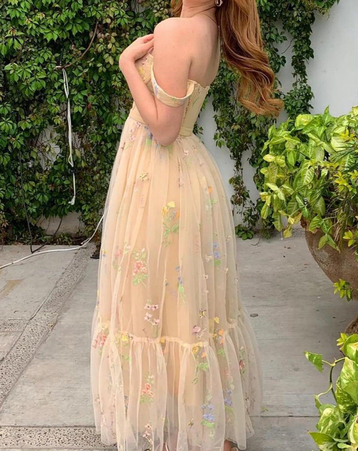 Unthony - Off Shoulder Champagne Floral Long Prom Dress