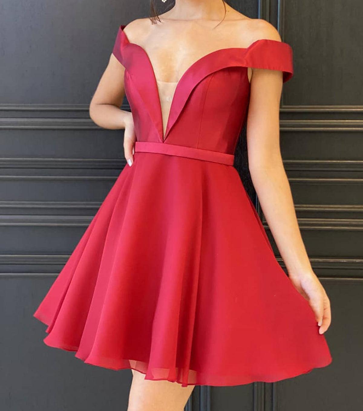 Unthony - Off Shoulder V Neck Red Short Prom Dress