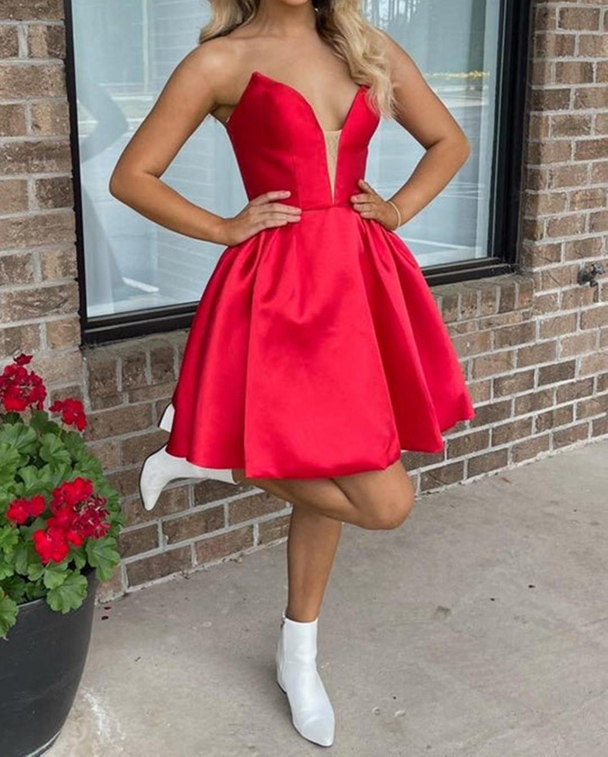Unthony - V Neck Red Satin Prom Dress