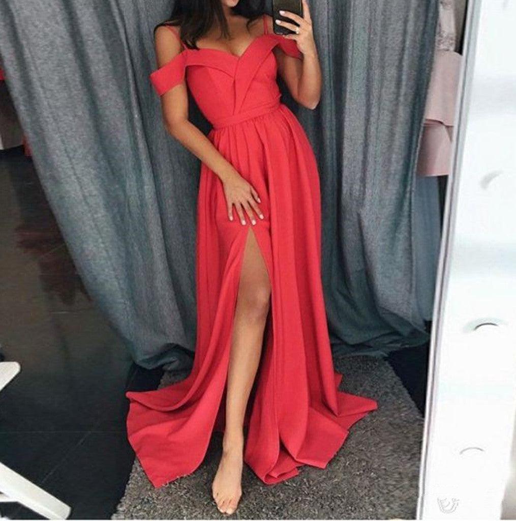 Unthony - Off Shoulder Chiffon Red/Blue Long Prom Dresses with Leg Slit