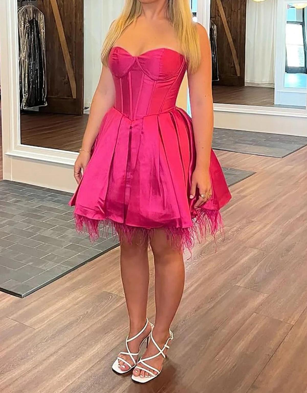 Unthony - Strapless Fuchsia Satin Short Prom Dress
