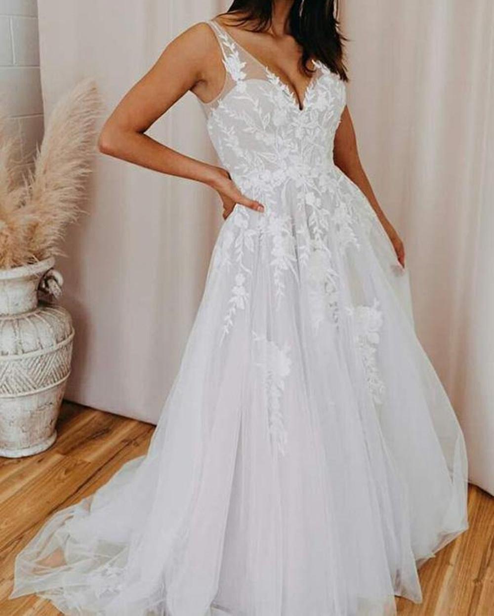 Unthony - A Line V Neck Open Back White Lace Long Prom Wedding Dress