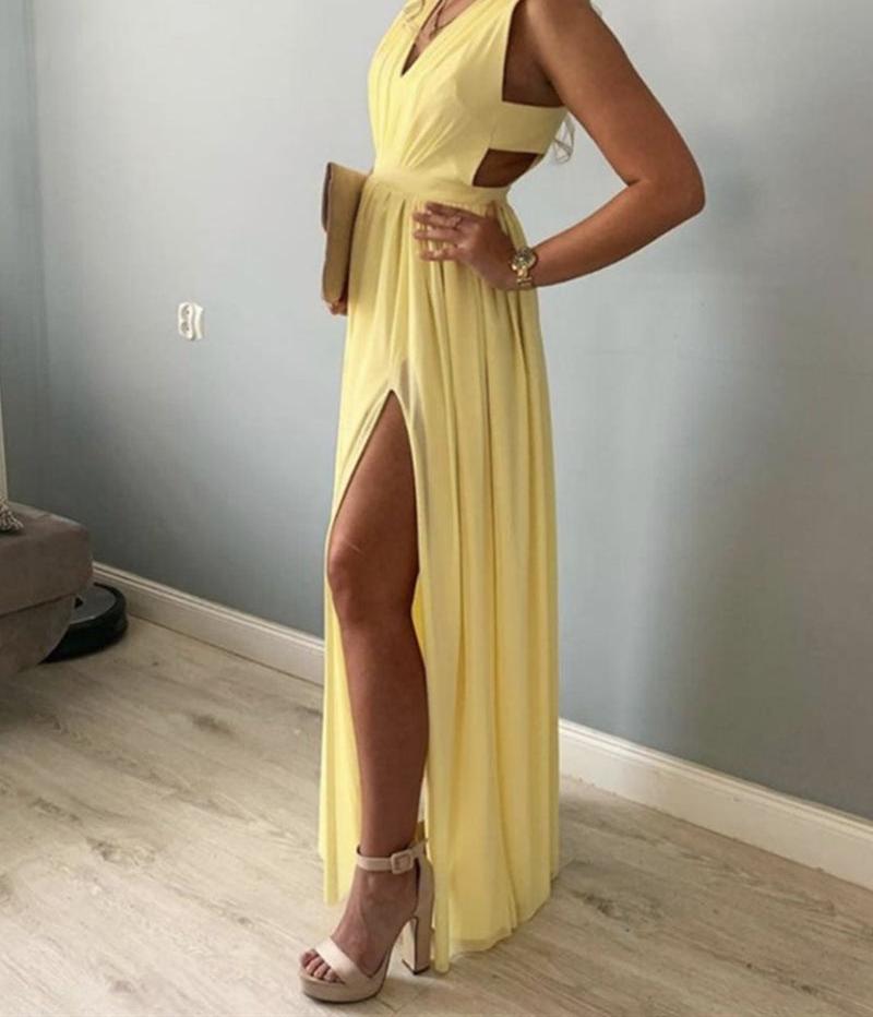 Unthony - Simple A Line V Neck Yellow Chiffon Long Prom Dress with Slit