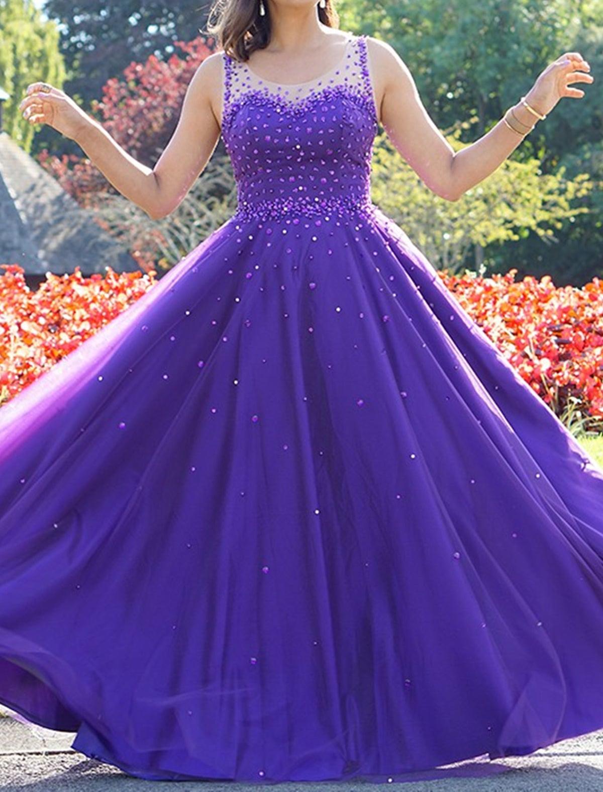 Unthony - Round Neck Purple Tulle Beaded Long Prom Dresses