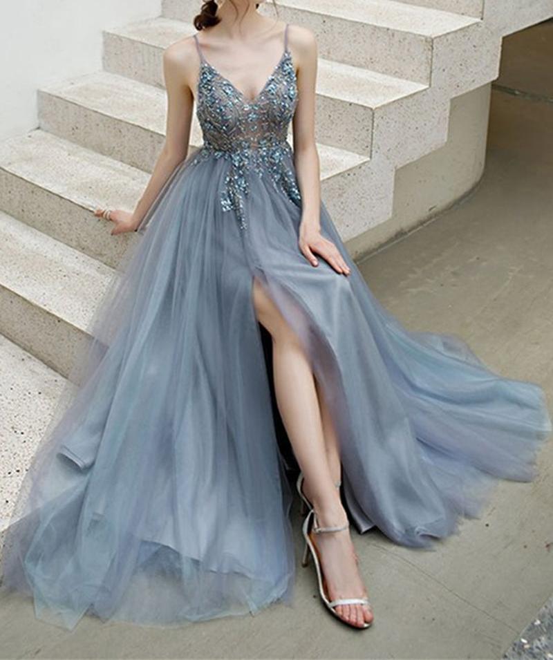 Unthony - Elegant V Neck Backless Grey Long Beaded Prom Dress with Slit