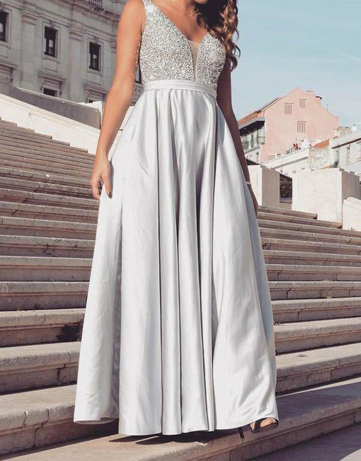 Unthony - V Neck Open Back Silver Gray Sequins Long Prom Dress
