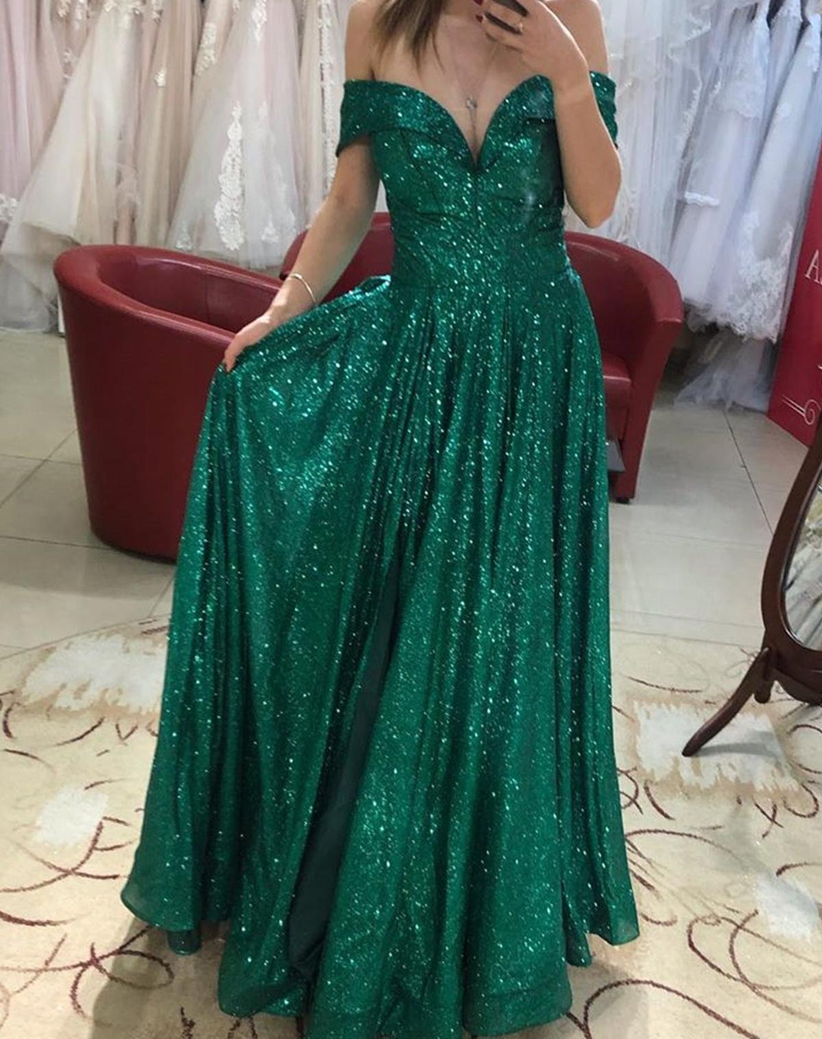 Unthony - Off Shoulder Bling Bling Green Sequins Long Prom Dress