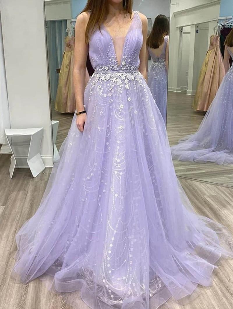 Unthony - A Line V Neck Tulle Lace Appliques Long Lilac Prom Dress